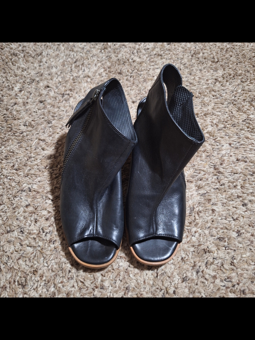 Paul Green Black Leather Peep Toe Slingback Bootie Stacked Wood Heel - Picture 3 of 7